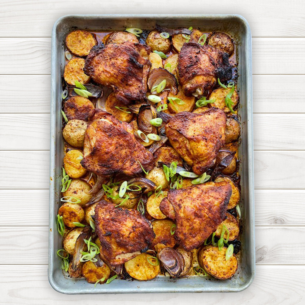 BBQ Sheet Pan Chicken with Potatoes and Red Onion
