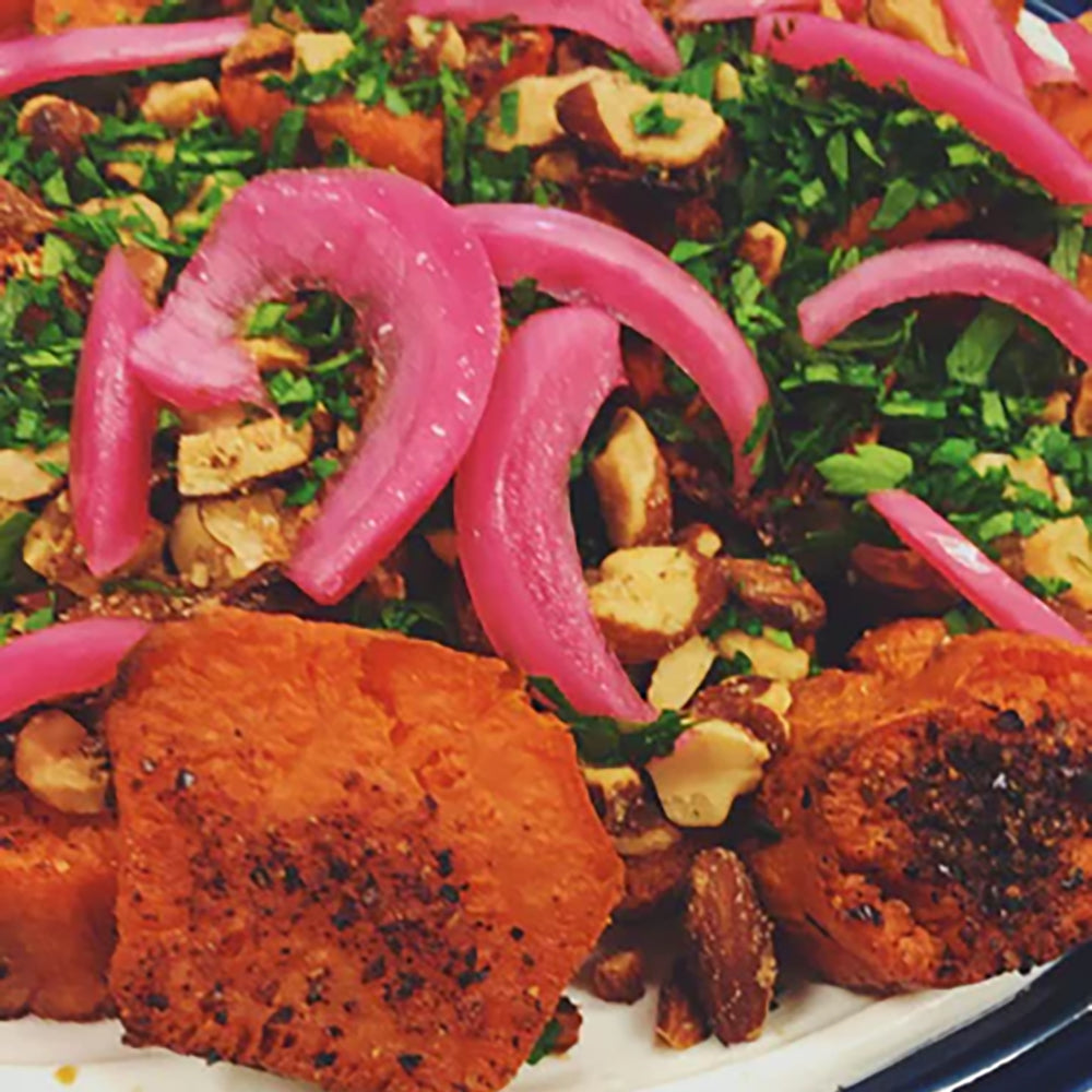 Roasted Sweet Potatoes with Lebne and Smoked Almonds (aka Cowboy Sweet Potatoes)