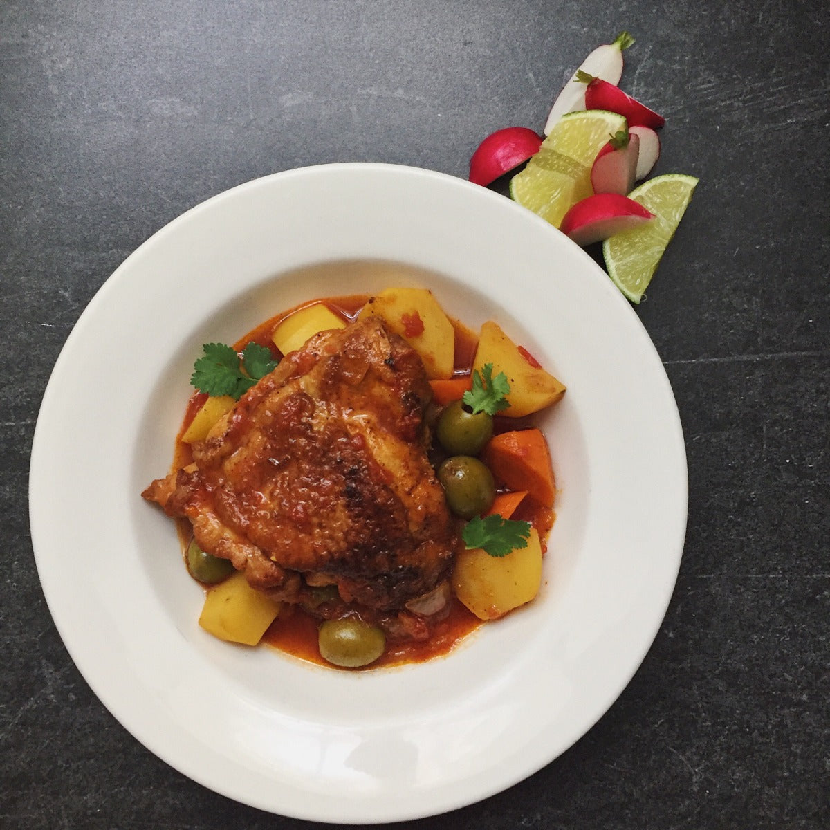 Braised Chicken with Potatoes, Carrots and Green Olives