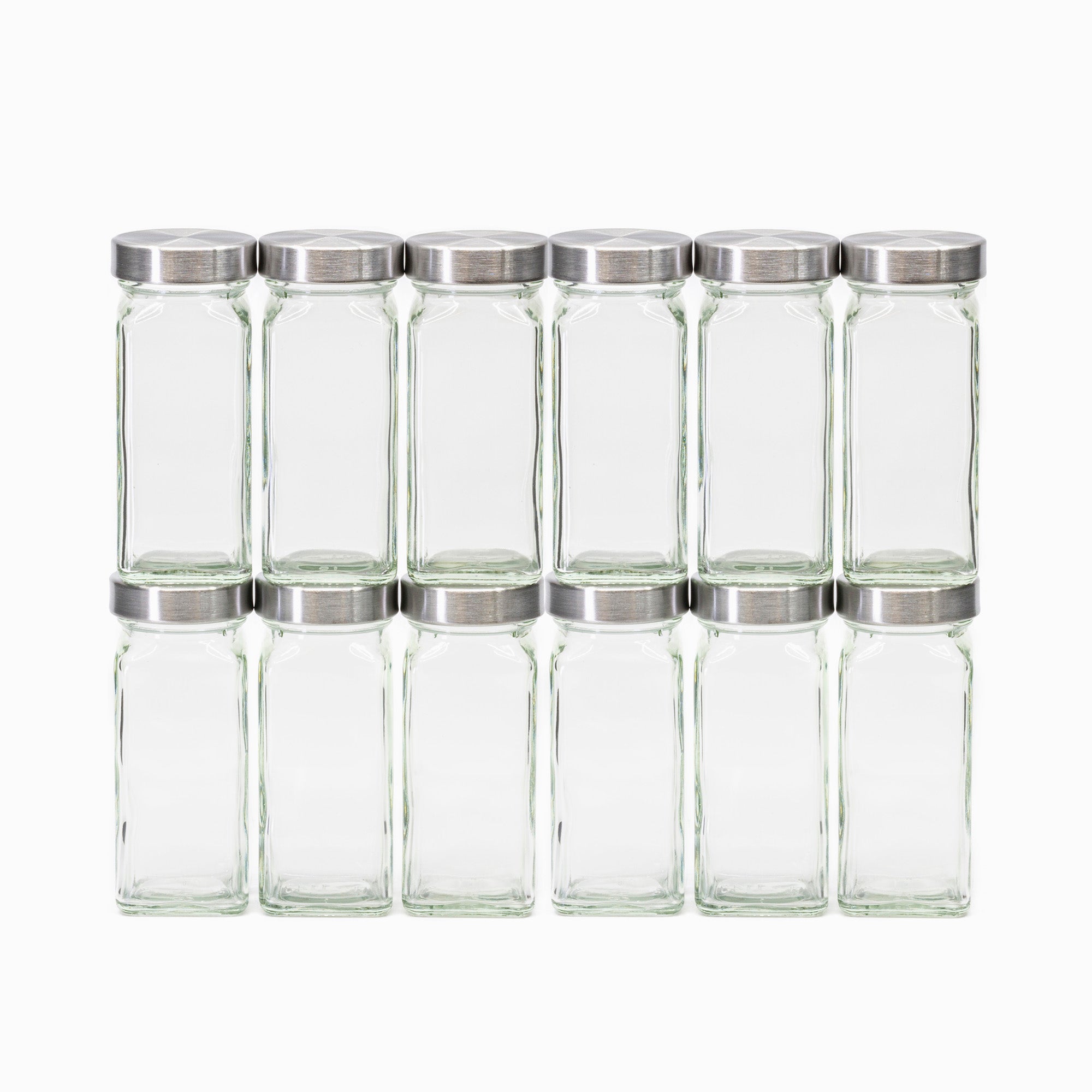 14 Glass Spice Jars w/2 Types of Preprinted Spice Labels. Commercial Grade,  Complete Set: 14 Square Empty Jars 4oz, Pour/Sift & Coarse Shakers