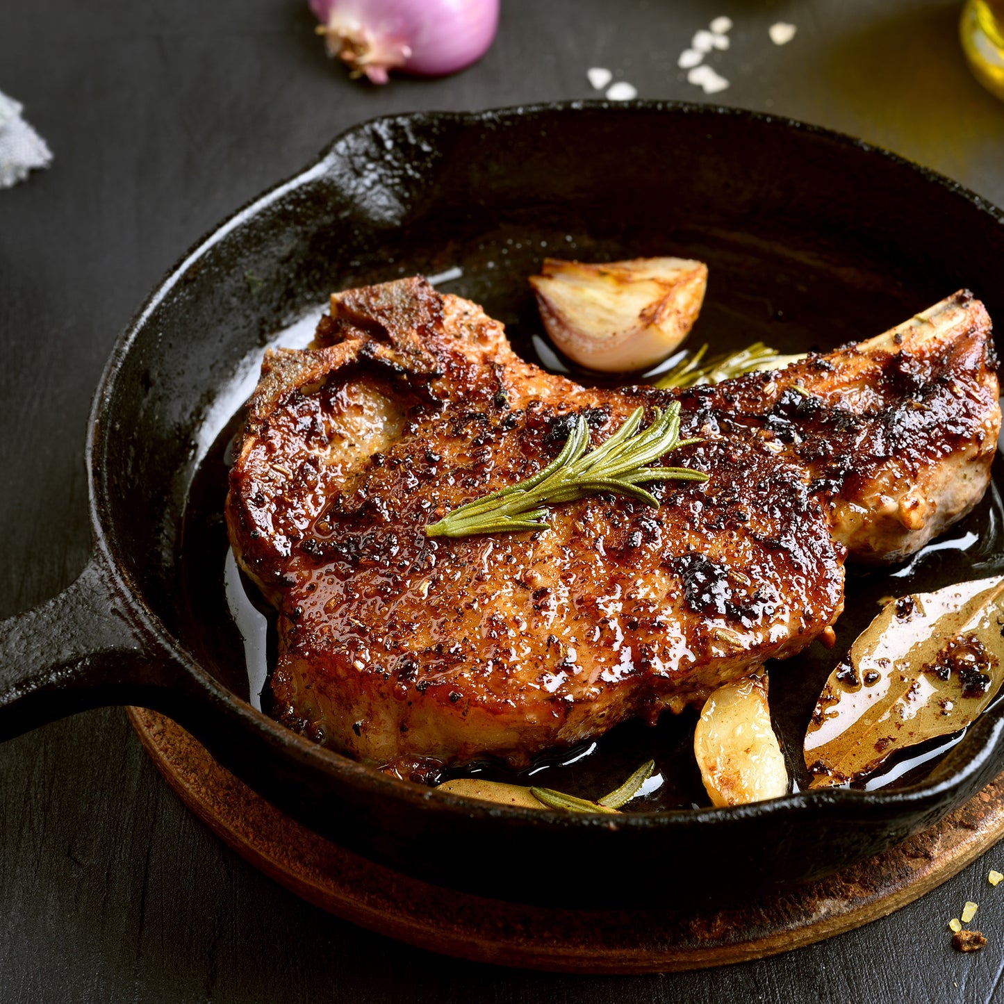 Smoked Hickory seasoning salt on a pan fried pork chop